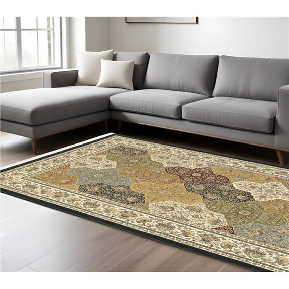 HomeRoots 575972 7 x 10 ft. Oriental Rectangle Area Rug with Fringe, Navy Blue, Tan & Ivory