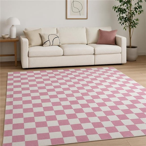 HomeRoots 634771 7 x 10 ft. Pink & Off White Checkered Rectangle Area Rug