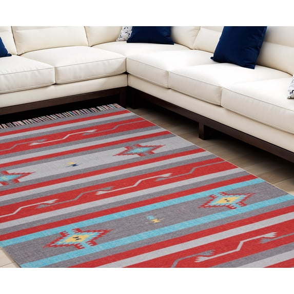 7' X 10' Gray and Red Southwestern Handmade Area Rug With Fringe