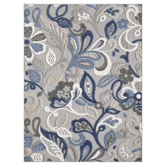 7 x 9 Blue Gray Jacobean Floral Indoor Outdoor Area Rug