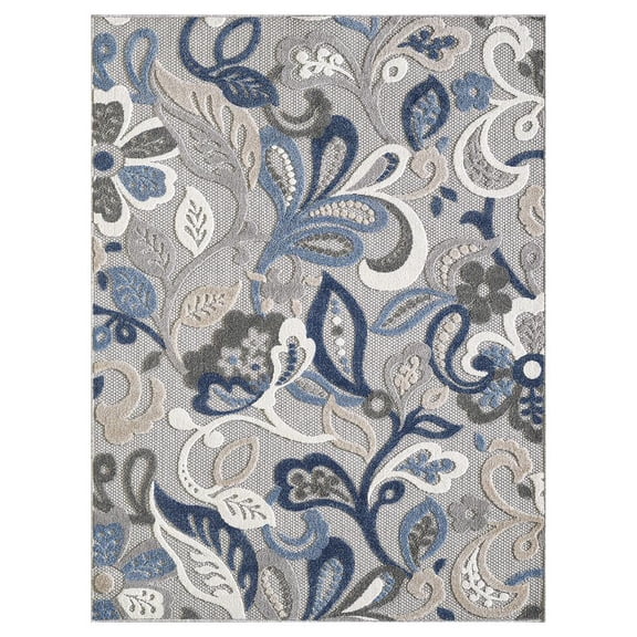 7 x 9 Blue Gray Jacobean Floral Indoor Outdoor Area Rug