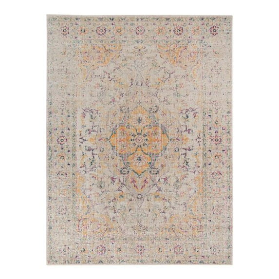 7' x 9' Yellow and Ivory Oriental Power Loom Distressed Area Rug