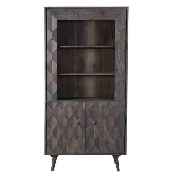 70" Dark Gray Distressed Solid Wood Three Tier Two Door Bookcase