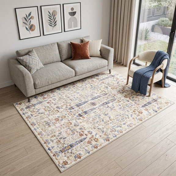 HomeRoots 5' X 7' Brown Blue And Beige Floral Medallion Washable Area Rug