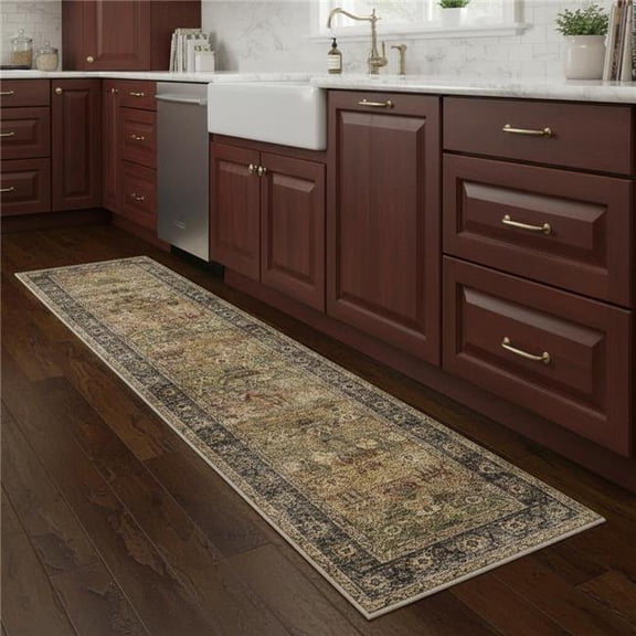 HomeRoots 714285 2 x 8 ft. Brown Beige & Green Floral Medallion Washable Runner Rug