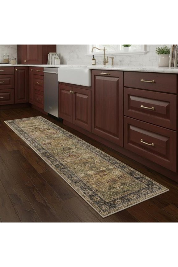 714285 2 x 8 ft. Brown Beige & Green Floral Medallion Washable Runner Rug