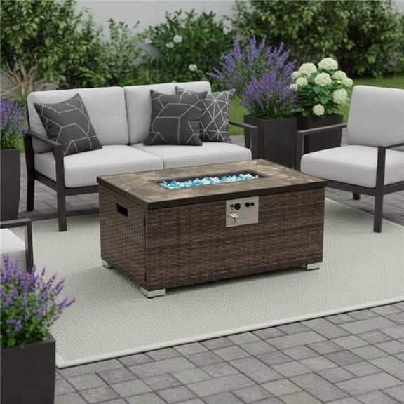 HomeRoots 714427 32 in. 50000 BTU Brown Rattan Propane Rectangular Fire Pit Table with Cover