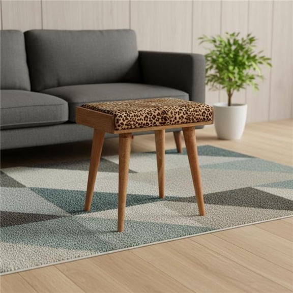 HomeRoots 719527 20 in. Brown Velvet & Wood Leopard Footstool Ottoman