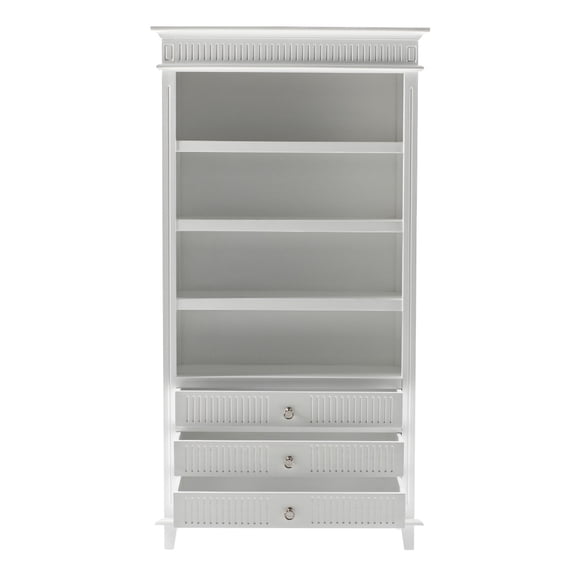 75" Antiqued White Solid Wood Four Tier Standard Bookcase With Three Drawers
