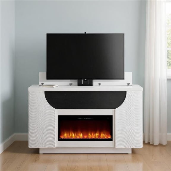 HomeRoots 643645 76 in. White Ribbed Wood Electric Storage Cabinet TV Fireplace with LED & Speaker