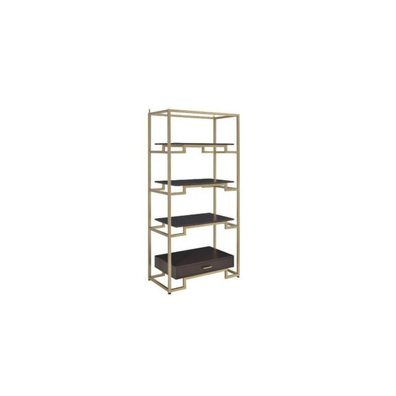 HomeRoots 78" Gold and Black Metal Four Tier Etagere Bookcase with a Drawer