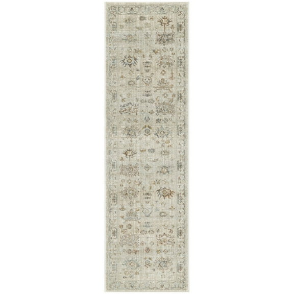HomeRoots 8' Beige And Brown Oriental Power Loom Distressed Runner Rug With Fringe