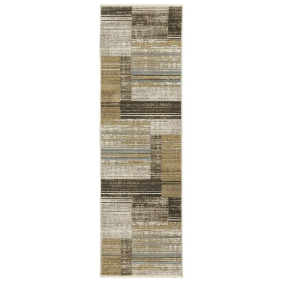 8' Beige and Charcoal Geometric Power Loom Runner Rug