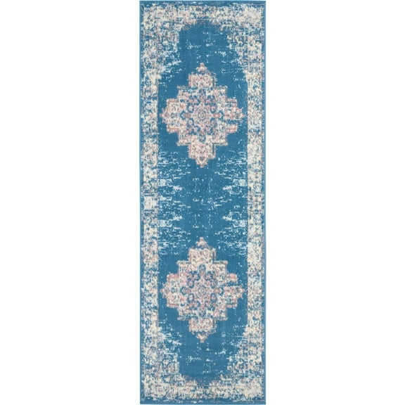 HomeRoots 8' Blue Damask Power Loom Runner Rug