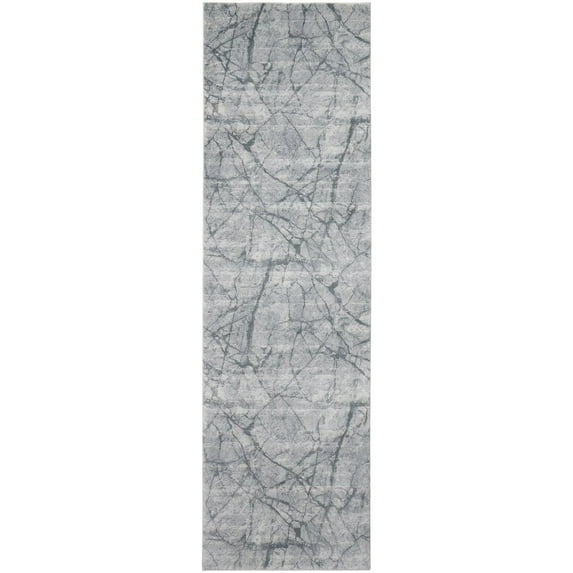 8' Blue Gray And Ivory Abstract Distressed Stain Resistant Runner Rug