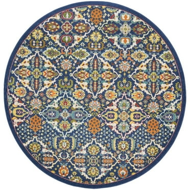 HomeRoots 8' Blue Round Floral Power Loom Area Rug