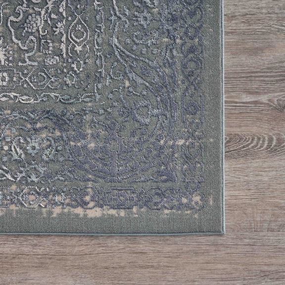 8' Blue Silver Gray And Cream Damask Distressed Runner Rug