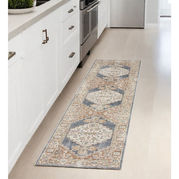 8' Denim Blue Oriental Power Loom Distressed Washable Runner Rug
