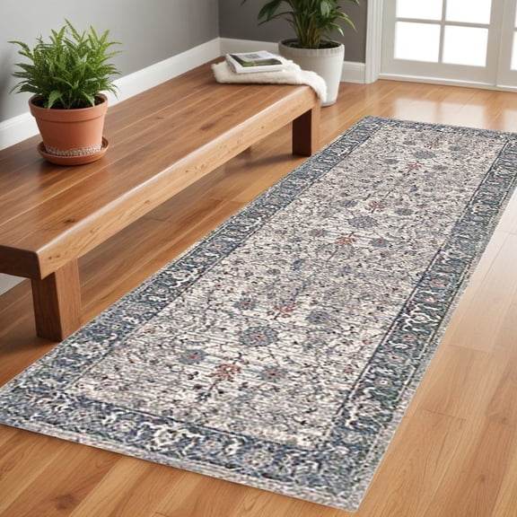 8' Gray and Ivory Oriental Power Loom Runner Rug