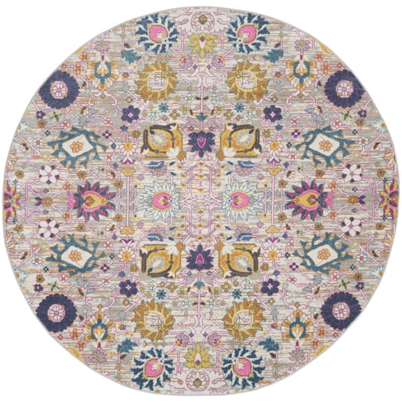 8' Gray Round Floral Power Loom Area Rug