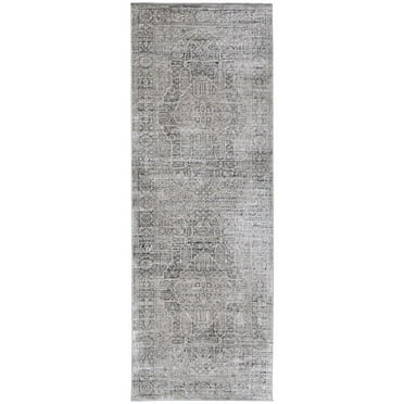 HomeRoots 8' Gray Silver And Taupe Floral Power Loom Distressed Runner Rug