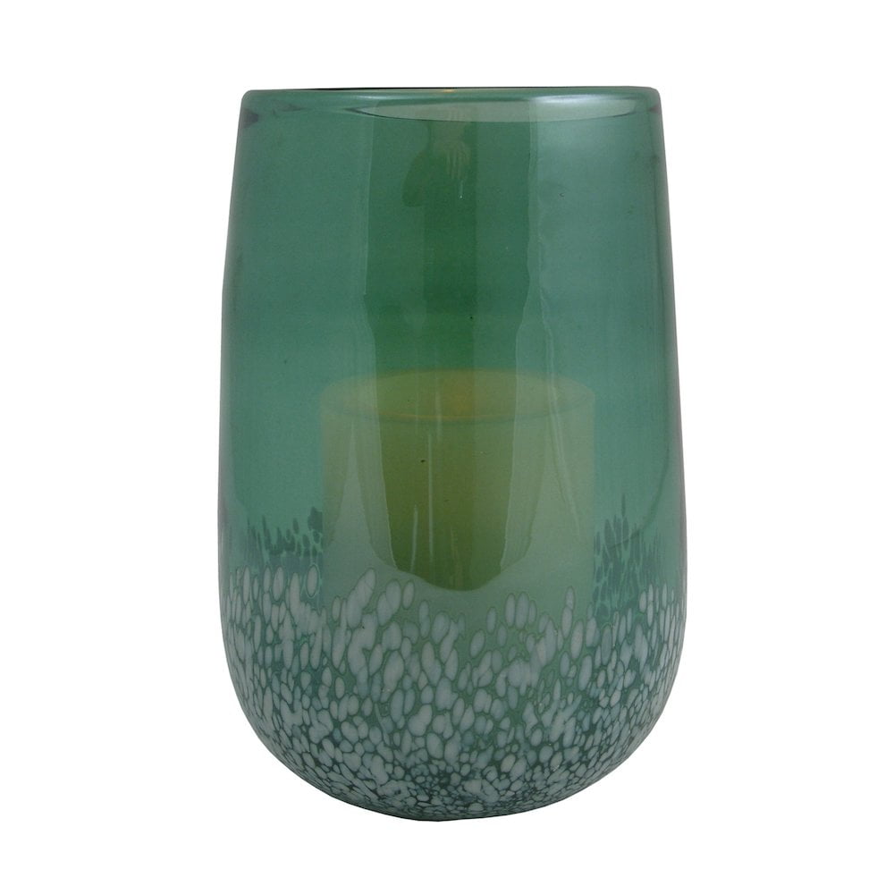 HomeRoots 8" Green And White Glass Tabletop Hurricane Candle Holder With Candle