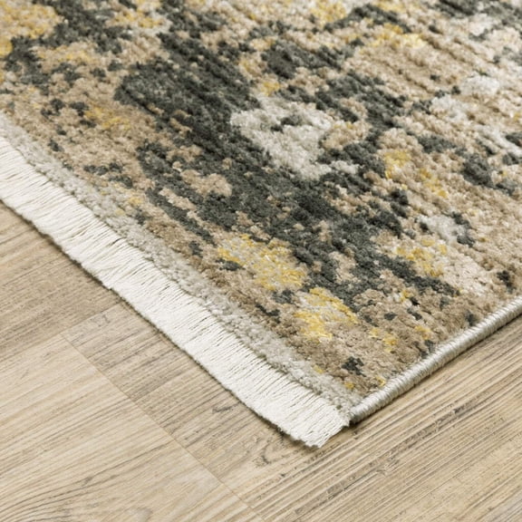 HomeRoots 510333 8 ft. Grey Gold Black Charcoal & Beige Abstract Power Loom Runner Rug with Fringe