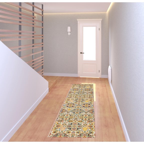 8' Ivory Floral Power Loom Runner Rug