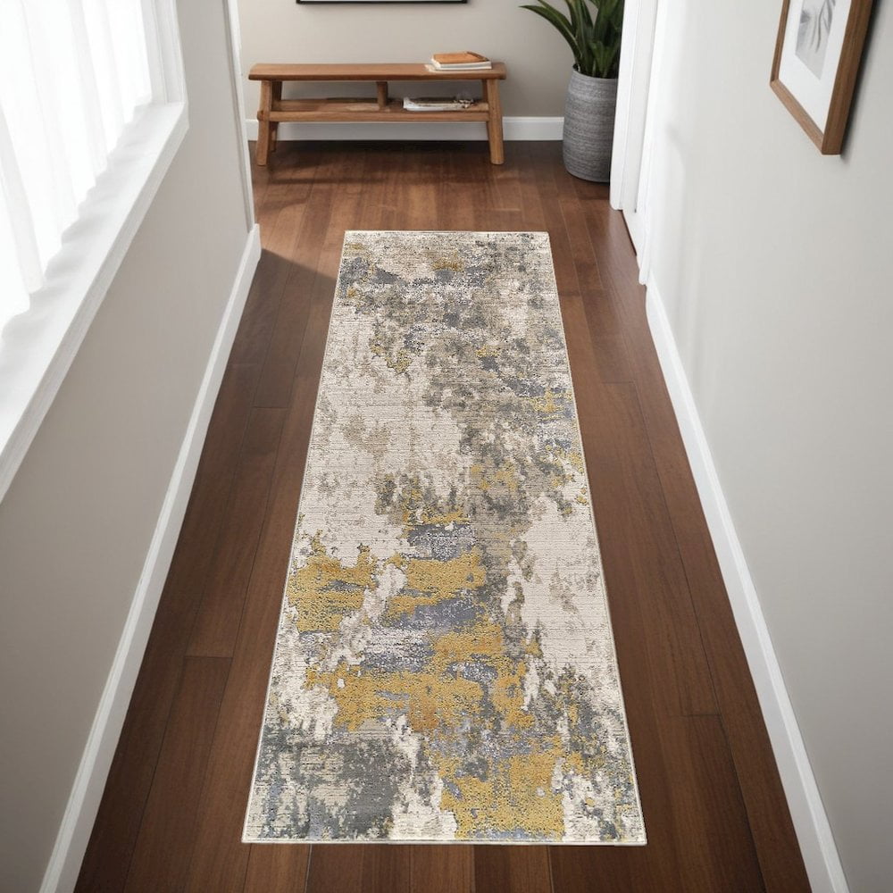 HomeRoots 8' Ivory Gold And Gray Abstract Stain Resistant Runner Rug ...