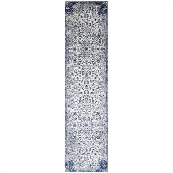 8' Ivory Gray And Blue Floral Power Loom Distressed Stain Resistant Runner Rug