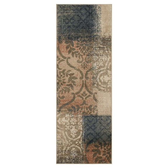HomeRoots 8' Navy And Salmon Damask Distressed Stain Resistant Runner Rug