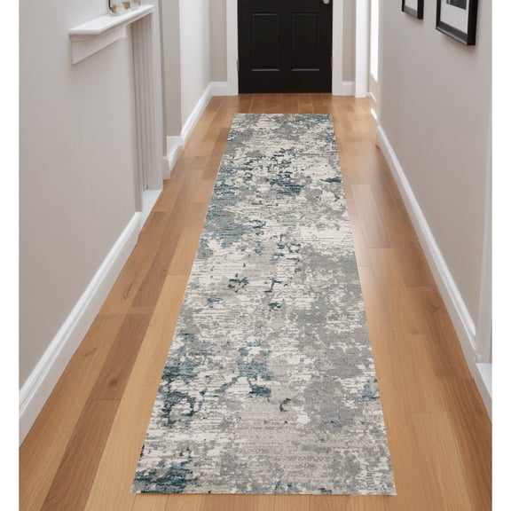 2' X 8' Blue Beige And Teal Abstract Power Loom Stain Resistant Runner Rug