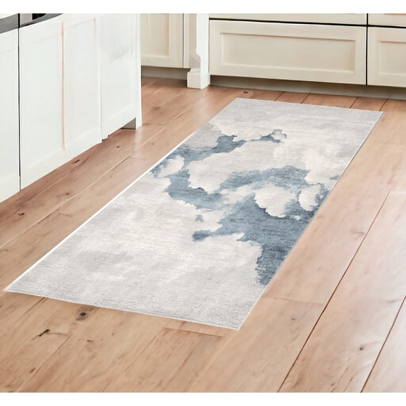 8' Blue and Gray Abstract Washable Non Skid Area Rug