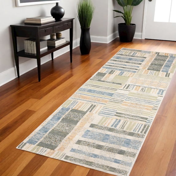 2' X 8' Green Grey And Ivory Geometric Power Loom Stain Resistant Runner Rug