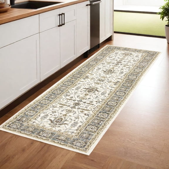2' X 8' Ivory Grey And Blue Oriental Power Loom Stain Resistant Runner Rug