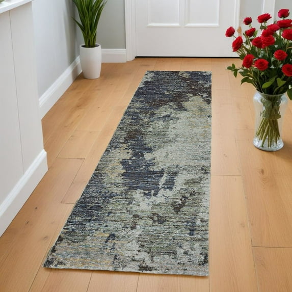 2' X 8' Navy And Blue Abstract Power Loom Stain Resistant Runner Rug