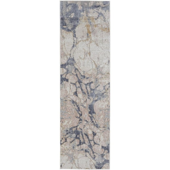 8' Tan And Blue Abstract Power Loom Distressed Runner Rug