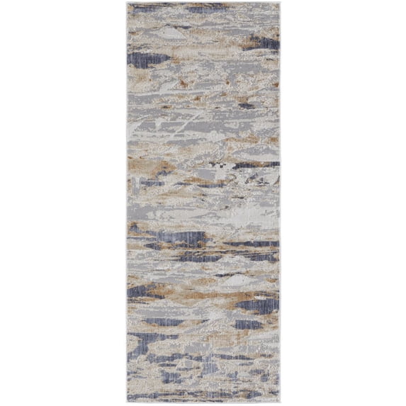 8' Tan Orange And Ivory Abstract Power Loom Distressed Runner Rug