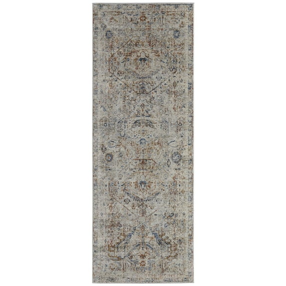 8' Tan Orange And Red Floral Power Loom Distressed Runner Rug With Fringe