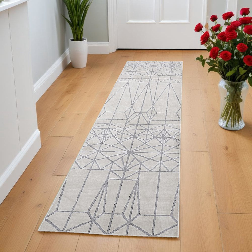 Silver Runner Rug HomeRoots 8' White Silver And Gray Geometric Stain Resistant Runner Rug ...