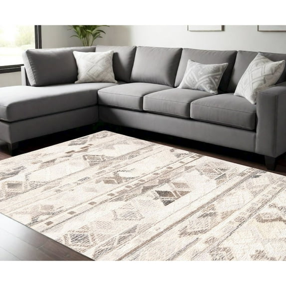 8' X 10' Ivory Tan And Gray Wool Abstract Tufted Handmade Area Rug
