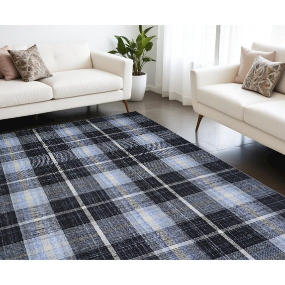 8' X 10' Black Blue And White Abstract Hand Woven Stain Resistant Area Rug