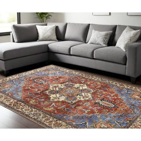 HomeRoots 8' X 10' Blue Red And Ivory Floral Area Rug