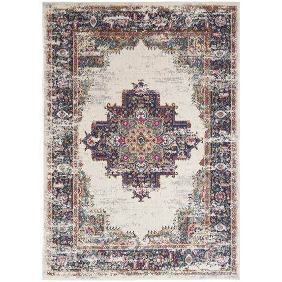 8' X 10' Cream Floral Power Loom Distressed Area Rug