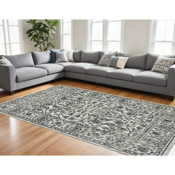 8' x 10' Gray Floral Power Loom Area Rug