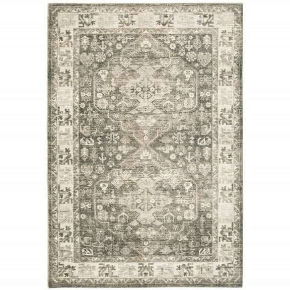 HomeRoots 8' X 10' Grey Ivory Tan And Beige Oriental Power Loom Stain Resistant Area Rug