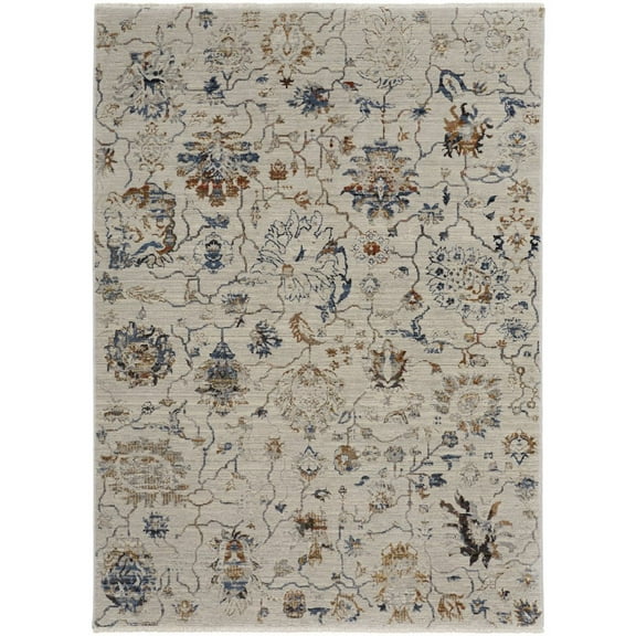 8' X 10' Ivory Orange And Blue Floral Power Loom Distressed Area Rug With Fringe