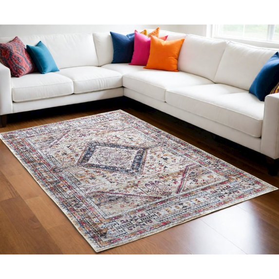 8' X 10' Ivory Red And Pink Abstract Area Rug