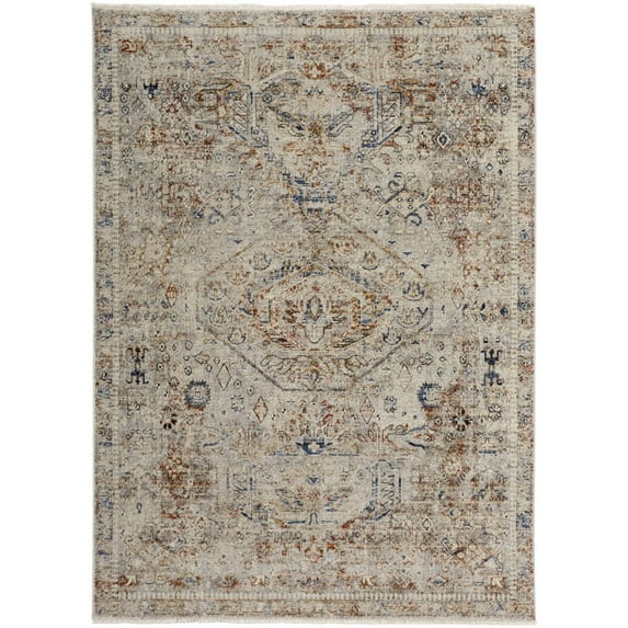8' X 10' Tan Orange And Red Floral Power Loom Distressed Area Rug With Fringe