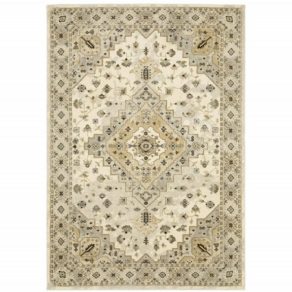 HomeRoots 8' X 11' Beige Grey Tan And Brown Oriental Power Loom Stain Resistant Area Rug